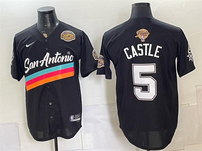 Men's San Antonio Spurs #5 Stephon Castle Black 2026 Finals & Western Conference Champions Patch City Edition Stitched Baseball Jersey